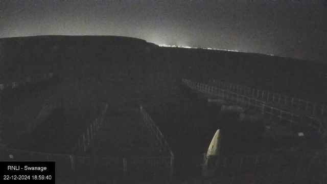 A dark, nighttime view from a webcam showing an outdoor area with multiple fenced sections. The horizon is dimly lit by distant lights, possibly from a city or town. A structure resembling a lifeboat is visible on the right side. The image is timestamped as "22-12-2024 18:59:40" with "RNLI - Swanage" noted in a small box at the bottom left.