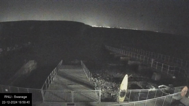 A nighttime view from a webcam shows a dark landscape with faint silhouettes of hills in the background. In the foreground, there is a fenced-off area with a paved pathway leading downward. A small yellow structure, possibly a buoy or marker, is visible near the fence on the right side. Distant city lights illuminate the horizon. A timestamp at the bottom left corner reads: "RNLI - Swanage, 22-12-2024 19:59:40."