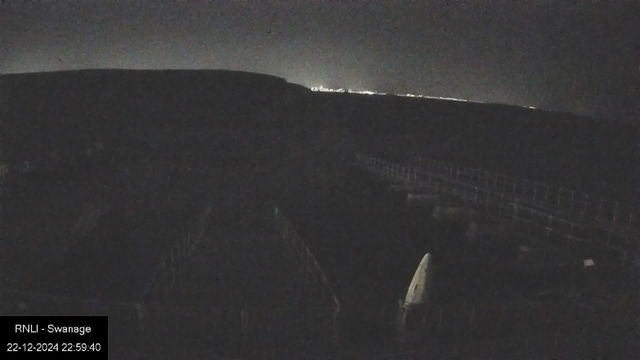 A dark night-time image from a webcam showing an indistinct landscape with a faint outline of hills in the background, dimly lit by a distant glow on the horizon that may be city lights. The foreground appears to have a structure with fence-like lines and a pointed object. Text at the bottom left reads "RNLI - Swanage 22-12-2024 22:59:40."