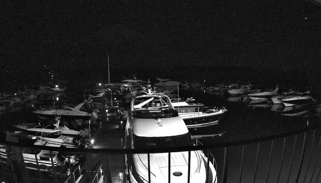 A nighttime scene at a marina, featuring multiple boats docked in a calm waterway. The image is primarily in black and white, with some areas illuminated by dim lights, creating a tranquil atmosphere. The boats vary in size and shape, and reflections can be seen in the water. The surrounding area appears dark, with minimal visibility of distant objects.