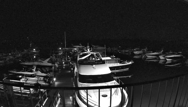 A nighttime view of a marina, with several boats docked. The scene is dimly lit, primarily by the soft glow of lights reflecting off the water and illuminating the vessels. A large white yacht is in the foreground, while various smaller boats are visible in the background. The image captures the calmness of the marina at night, with shadows and silhouettes of the boats giving a peaceful atmosphere. A railing is seen in the lower part of the image, framing the view.