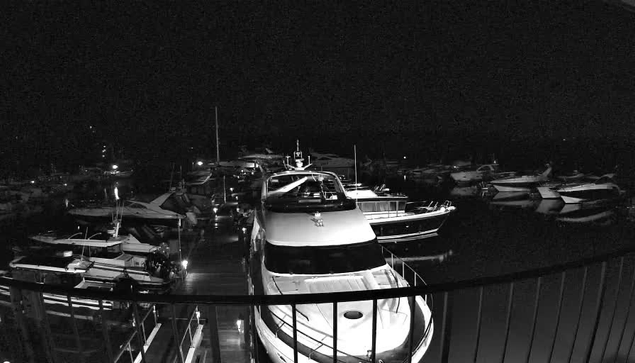 A night scene of a marina filled with several boats moored in the water. The image is in black and white, showcasing a variety of yacht sizes. Some boats are illuminated, reflecting light on the water surface, while others are shrouded in darkness. A wooden walkway is visible in the foreground, leading towards the boats. The overall atmosphere is calm and serene.