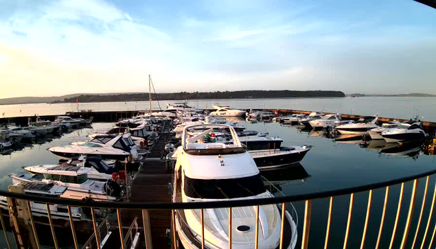 A view of a marina filled with various boats and yachts docked in calm water. The scene is set against a serene backdrop of a clear sky with soft pastel colors, indicating either early morning or late afternoon. A wooden pier runs along the foreground, creating a separation between the boats and the viewer. Some boats are equipped with colorful lights and covers, while others are largely open. The distant shoreline features trees, contributing to a peaceful and picturesque coastal atmosphere.