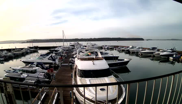 A marina scene featuring numerous boats docked in calm water. The boats vary in size and design, with some appearing large and luxurious, while others are smaller. The dock extends into the water, leading to the boats, and the sky above is light with soft clouds. In the background, there are wooded hills lining the shore, adding a natural element to the view. The overall atmosphere is serene and slightly overcast.