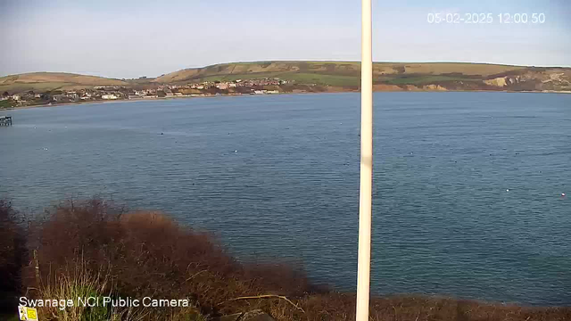 A coastal view featuring calm blue water with a slight ripple. In the background, there are rolling green hills with scattered buildings along the shoreline. A wooden pier extends into the water on the left side of the image. There is also a vertical pole in the foreground. The sky is clear with minimal clouds, suggesting a sunny day. The timestamp in the corner indicates the image was captured on February 5, 2025, at 12:00:50.