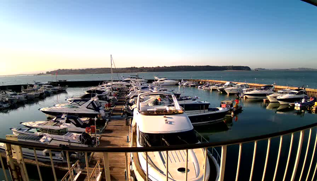 A panoramic view of a harbor filled with boats moored in calm water. Various sizes and types of boats are docked closely together. A wooden pier lines the foreground, with some boats partially covering it. In the background, there's a gentle gradient of colors in the sky as the sun rises, and a distant shoreline can be seen on the horizon. The water is still and reflects the boats and sky.