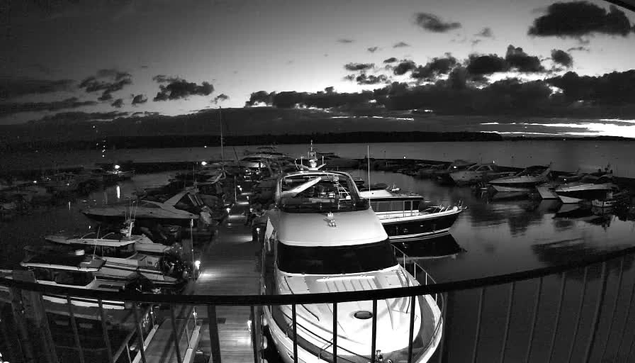 A black and white photograph of a marina at dusk, featuring several boats docked in the water. The scene includes a large white yacht in the foreground, with multiple smaller boats behind it. The surface of the water reflects the silhouettes of the boats and hints of clouds in the darkening sky. A railing is visible in the lower part of the image, framing the view of the marina and the distant horizon.