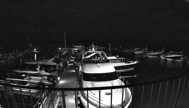 A dimly lit marina at night featuring several boats docked in the water. The foreground shows the bow of a large yacht, with other smaller boats visible around it. The scene is primarily in shades of black and gray, with faint lights reflecting off the water. A railing is in the foreground, creating a sense of depth.