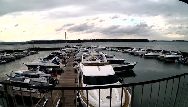 A marina scene featuring numerous boats docked in calm water, with a wooden pier visible in the foreground. The sky is overcast with gray clouds, and a distant shoreline is visible beyond the marina, creating a serene atmosphere.