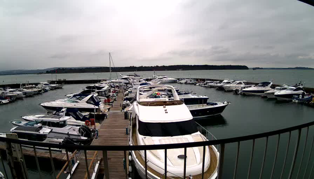 A cloudy view of a marina featuring numerous boats docked along a wooden pier. The scene includes a large white boat in the foreground and several smaller boats of varying colors and sizes in the background. The water is calm, and there is a distant shoreline visible on the horizon. The overall atmosphere appears tranquil and overcast.