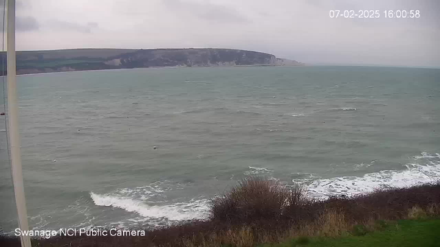 A cloudy sky is visible above a hazy sea with gentle waves. The water appears a mix of grey and blue, and there are whitecaps forming along the surface. In the foreground, there is a patch of grass and some low, dark bushes. In the distance, a limestone cliff rises above the coastline, with a green hillside behind it. The scene has a calm yet overcast atmosphere.