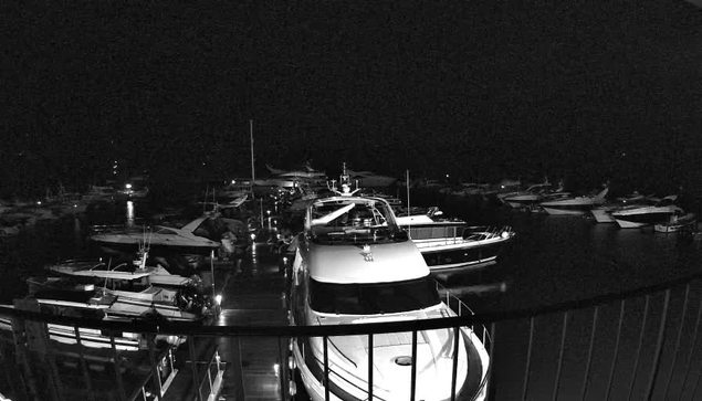 A nighttime scene featuring a marina filled with various boats and yachts. The image is predominantly dark, with some boats illuminated by artificial lights. A large white yacht is prominently positioned in the foreground, surrounded by smaller vessels, some of which are partially visible. The water appears calm and reflects scattered lights from the boats, creating a serene but atmospheric view of the harbor.