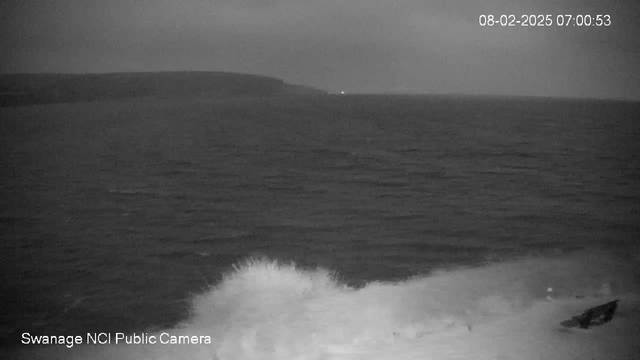 A black-and-white webcam image of a calm sea. The water surface is subtly disturbed by small waves, with one larger wave crashing near the bottom right. In the distance, a dark coastline is visible on the left, with misty gray skies above. A faint light appears on the horizon, providing a hint of illumination. The time stamp in the corner reads "08-02-2025 07:00:53."