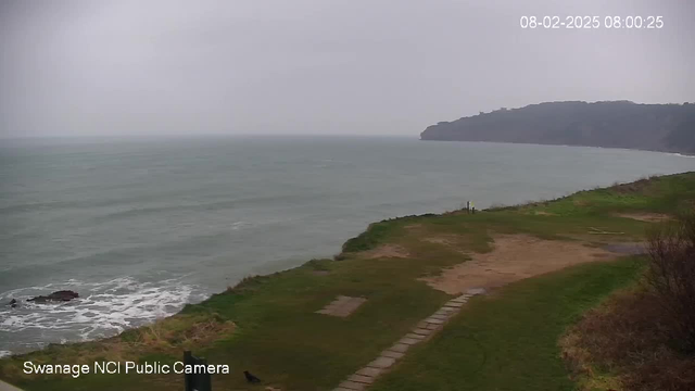 A view of a coastal landscape under overcast skies. The ocean is calm with gentle waves lapping against rocky shorelines. A grassy area is visible in the foreground, with a pathway leading towards the edge. In the distance, a cliff rises above the water, partially obscured by mist. The overall mood is tranquil yet gloomy, indicating possibly early morning or late afternoon light.