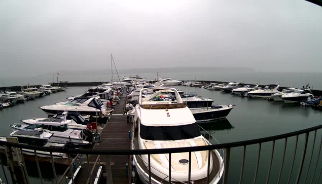 A view of a marina filled with various boats docked along a wooden pier. The scene is overcast and foggy, with low visibility. Several boats of different sizes and colors are moored in the still water, and some have colorful covers. In the background, there is a distant shoreline that is hard to distinguish due to the fog.