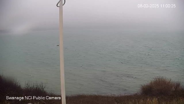 A cloudy scene featuring a body of water with a grayish-blue hue. The shoreline is partially visible with some low vegetation and bushes. A pole stands on the left side of the image. The overall atmosphere is misty, suggesting overcast weather conditions. The time and date are displayed in the upper right corner.