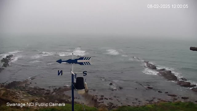 A foggy seascape with waves gently crashing against dark rocks. In the foreground, a weather vane points north and south, with blue arrows. The sky is overcast, and visibility is low, giving the scene a muted appearance. The date and time are displayed in the top right corner, indicating it is 12:00 PM on February 8, 2025.