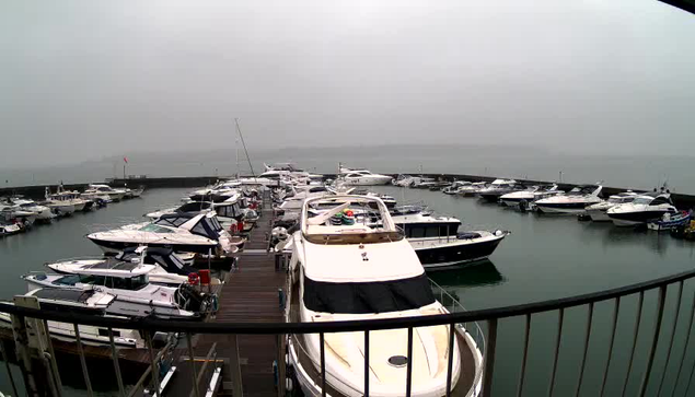 A view of a marina on a foggy day, featuring numerous boats docked in the still water. The boats vary in size and type, with some covered and others open. A wooden walkway runs along the edge of the dock, and there is a light mist obscuring the view of the horizon. The scene is calm, with soft gray tones dominating the atmosphere.