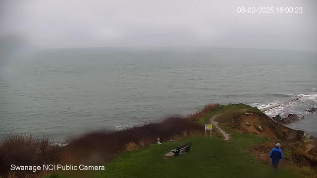 A coastal scene shows a gray, overcast sky and calm blue-green water extending to the horizon. In the foreground, there is a green grassy area with a bench and a pathway leading to the edge of a cliff. To the right, a person in a blue jacket stands looking out at the water. Some shrubs and grasses are visible near the cliff's edge, along with a warning sign. The tide is low, with some rocks exposed along the shoreline.