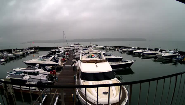 A marina scene under a cloudy, overcast sky. Various boats are docked in the water, including several white and dark-colored vessels. The water is calm, reflecting the boats and the gray sky. A wooden dock is visible in the foreground, with a railing partially obscuring the view. In the distance, the shore is faintly visible, shrouded in fog.