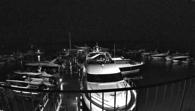 A nighttime scene of a marina filled with various boats and yachts. The image is predominantly black and white, showcasing dark water reflecting faint lights from the vessels and surrounding structures. The perspective is from a balcony or dock, with several boats arranged closely together, some illuminated by soft lighting. The sky is dark, contributing to the overall quiet and serene atmosphere of the marina.