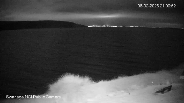 A dark scene featuring a body of water. The foreground shows waves crashing against the shore, creating white foam. In the background, a distant city skyline is faintly visible against the night sky. The scene is illuminated by low light, with clouds obscuring part of the sky. A timestamp in the corner indicates it is 21:00:52 on February 8, 2025.