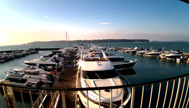 A scenic view of a marina with numerous boats docked in the water. The foreground features several white and blue yachts lined up on a wooden pier. The background shows a calm body of water under a bright blue sky with scattered clouds. In the distance, there is a landmass with trees and a gentle slope. The scene conveys a tranquil seaside atmosphere.