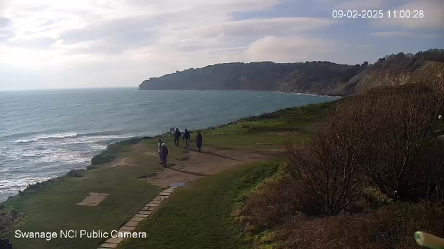 A scenic view of a coastline on a cloudy day. In the foreground, a grassy area leads down to the shoreline. Several people are walking along a path near the water, appearing small against the expansive ocean. The waves gently lap at the shore. On the left, a rocky cliff rises above the beach, framed by green vegetation. A timestamp in the corner indicates the date and time.