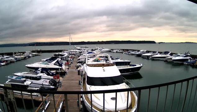 A view of a marina with numerous boats docked in calm water. The scene is set under a cloudy sky, indicating overcast weather. A wooden pier is visible in the foreground, leading to the boats, which include various sizes of motorboats and yachts. In the background, the horizon meets a lush, green shoreline. The atmosphere appears serene and peaceful.