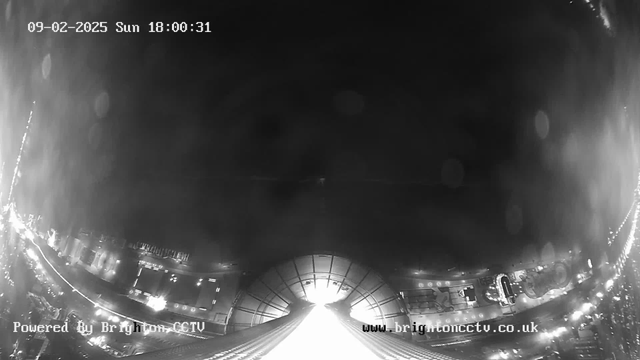 A grayscale image from a webcam depicting a view of a cityscape at night. The scene is illuminated by street lights and illuminated signage, outlining buildings and a structure with a curved roof in the foreground. The top portion shows a cloudy or misty sky, and timestamps along with a watermark are present in the corners. Overall, the image conveys a dim yet vibrant urban atmosphere.