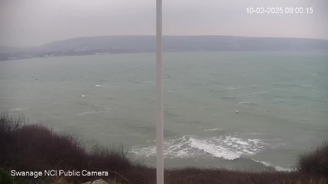 A cloudy day over a choppy sea, with gray water rolling towards the shore. In the foreground, there are sparse, low shrubs and grass. A white pole stands vertically in the middle, extending towards the top of the image. In the background, faint outlines of distant hills are visible. The timestamp in the corner indicates the date and time as February 10, 2025, at 09:00:15.