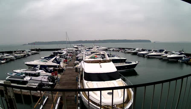 A view of a marina filled with various boats and yachts, some of which are docked in a line along a wooden pier. The water is calm and reflects the overcast sky. In the background, there are green hills and a distant shoreline. The scene appears to be somewhat muted due to the gray weather.