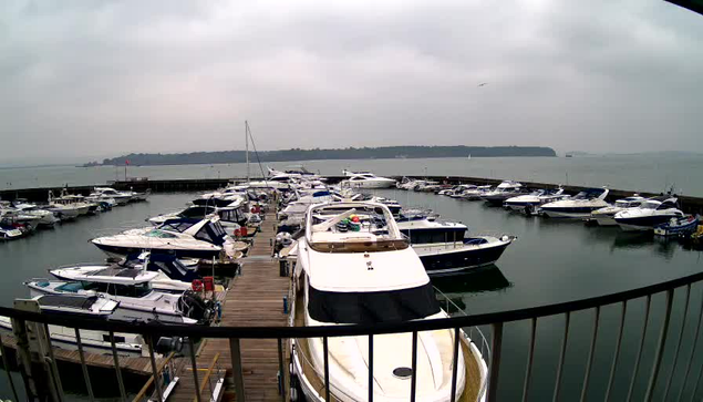 A view of a marina under overcast skies, featuring numerous boats docked in calm water. The boats vary in size and design, with some having white hulls and others in darker colors. A wooden pier extends into the marina, and a faint shoreline can be seen in the distance along with a hazy background of land. The scene conveys a tranquil atmosphere despite the cloudy weather.