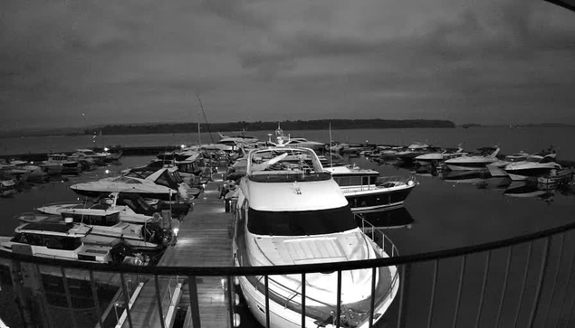 A black and white image of a marina at dusk, featuring several boats moored in the water. The foreground shows a larger white yacht, and various smaller boats are visible in the background. The water is calm and reflects the shapes of the boats and clouds above. A wooden dock extends into the marina, with some boats tied alongside it. The overall atmosphere is serene and quiet, with overcast skies.