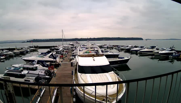 A view of a marina with numerous boats docked. The boats vary in size and style, with some covered in blue and white tarps. The water is calm, reflecting the cloudy sky above. In the background, there is a small shoreline and hills. The scene is tranquil, with no visible movement on the water. A wooden dock is visible in the foreground, partially obstructing the view of the boats.