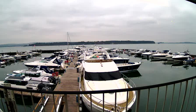 A marina filled with various boats and yachts docked along a wooden pier. The water is calm and reflects the cloudy sky above. Some boats are large and white, while others are smaller and colored in shades of blue and gray. In the distance, a green, tree-covered shoreline is visible. The atmosphere appears serene and slightly overcast.