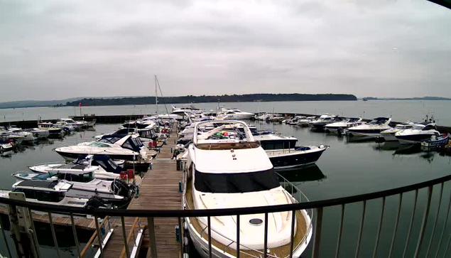 A marina filled with several boats docked at a wooden pier. The boats vary in size and color, with mostly white and blue hulls visible. The water is calm and reflects the overcast sky, which is mostly gray. In the background, low hills can be seen on the horizon. The atmosphere is peaceful and quiet.