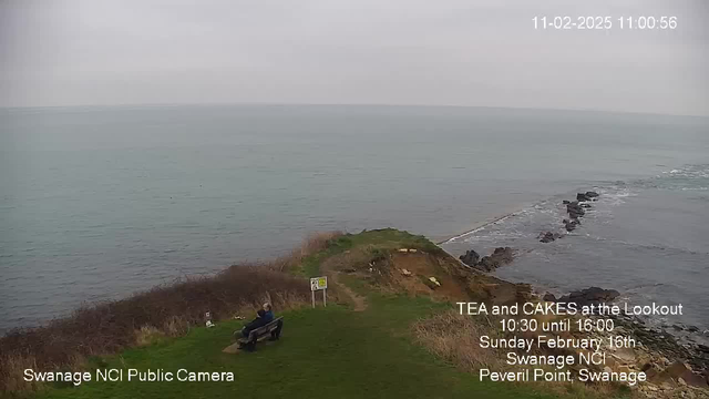 A cloudy sky meets the horizon over a calm sea, with gentle waves lapping against a rocky shoreline. In the foreground, a person sits on a bench, overlooking the water. The grassy area around the bench is bordered by some low bushes and a sign nearby. The scene conveys a peaceful coastal atmosphere.