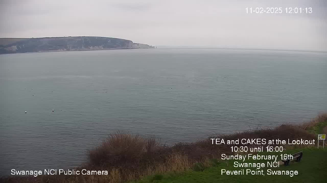 A coastal scene with gray, cloudy skies reflecting over calm water. In the distance, a rugged shoreline rises with cliffs. Several white buoys float in the water, and grass is visible in the foreground. Text at the bottom left mentions "Swanage NCI Public Camera," while text on the right advertises a tea and cakes event scheduled for February 16th at Peveril Point, Swanage. The time and date display is on the top right corner.