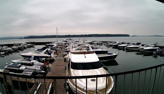 A view of a marina with many boats docked at a wooden pier. Various sizes and types of boats are visible, including larger white vessels and smaller speedboats, all reflected in calm water. The sky is overcast with gray clouds, and a distant shoreline can be seen in the background.