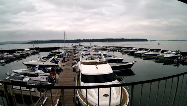 A view of a marina under a cloudy sky, filled with various boats and yachts moored in calm water. The scene features a wooden dock extending into the water, with boats of different sizes and designs both tied to the dock and floating in the water. In the background, a faint shoreline can be seen along with a distant landmass. The overall atmosphere is tranquil, with soft waves lapping against the boats.