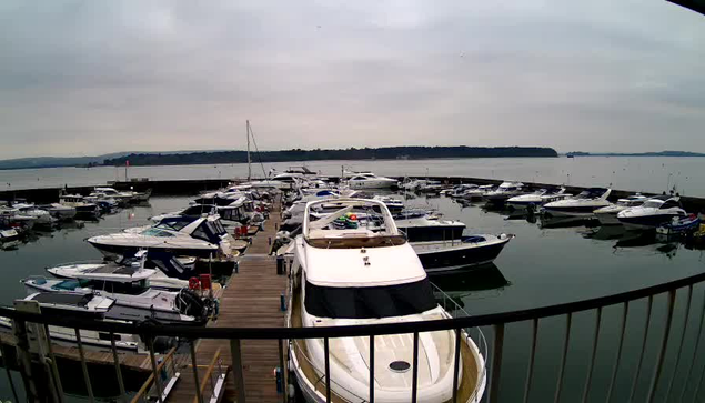 A marina view shows a dock filled with various boats, including several motorboats and yachts, all moored in still water. The sky is overcast with a grayish hue, and there is a distant shoreline visible on the horizon. The wooden dock extends into the water, creating a prominent foreground.