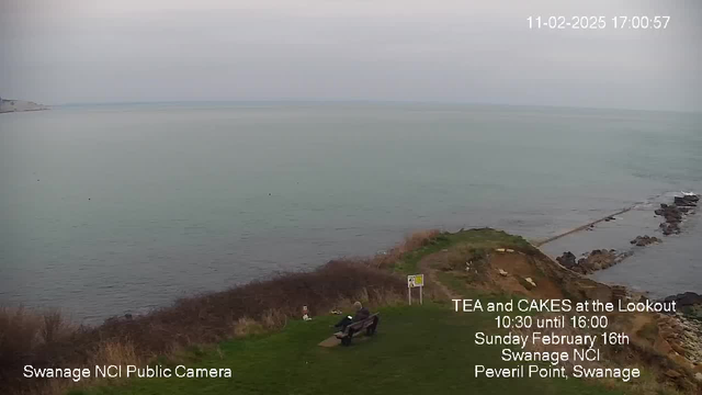 A coastal view showing calm waters extending toward the horizon under a gray sky. In the foreground, there is a grassy area with a wooden bench, where a person is sitting, facing the sea. To the right, rocky formations are present along the shoreline. A sign is visible nearby, indicating a tea and cakes event happening at the lookout.