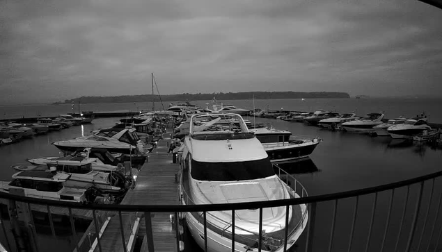 A marina filled with various boats, some moored closely together. In the foreground, a large white yacht is docked. The water is calm and reflects the cloudy sky above. Background features a distant landmass, likely an island or coastline, shrouded in a haze. The overall scene is monochromatic, with shades of gray dominating the image.