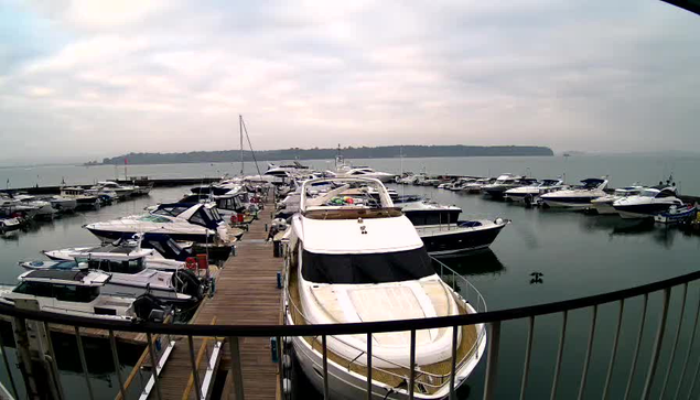 A marina scene with numerous boats docked in calm water. A wooden pier extends into the water, with several boats of various sizes and colors, including a prominent white yacht in the foreground. The sky is overcast with gray clouds. In the background, there are more boats and a distant shore visible. The overall atmosphere is peaceful and tranquil.