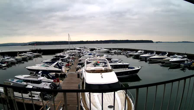 A marina filled with numerous boats docked at a pier. The scene features several white and blue yachts, some tied to docks and others floating on calm water. In the background, a cloudy sky looms over a hilly shoreline. The view is partially obstructed by a railing in the foreground. The overall atmosphere is serene, with water reflecting the overcast sky.