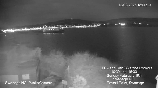 A nighttime view of a calm body of water with lights reflecting on the surface. In the background, hills are silhouetted against a dimly lit sky. On the left side, there are outlines of trees and structures, while a sign partially visible in the foreground offers details about a tea and cakes event. The overall atmosphere is peaceful, with soft glows from the lights creating a serene ambiance.