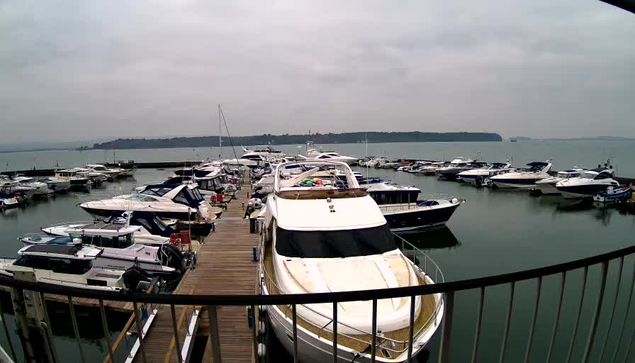 A view of a marina filled with various boats and yachts docked at a wooden pier. The foreground features a large white yacht with a black cover. Surrounding it are several smaller boats of different sizes and colors, mostly white and blue. The water is calm, reflecting the cloudy sky above. In the background, there are distant hills and a faint outline of land. The scene is overcast, giving it a subdued, grayish appearance.