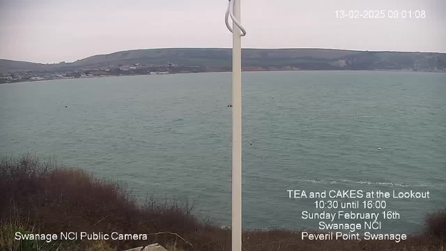 A webcam view shows a cloudy sky over a calm sea. In the foreground, there are bushes and shrubs. The shoreline is visible in the distance, with a few buildings along the coast. Small boats can be seen on the water. Text in the lower right corner announces an event called "TEA and CAKES at the Lookout," along with event details and the location, which is Swanage NCI at Peveril Point. A pole is positioned on the left side of the image.