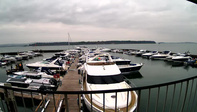 A view from a webcam showing a marina with numerous boats docked. The scene is overcast with a gray sky. Several yachts and smaller vessels are moored in the water, surrounded by a wooden dock. In the background, the calm water extends towards a distant shoreline with trees and hills. Rails of the dock are visible in the foreground.